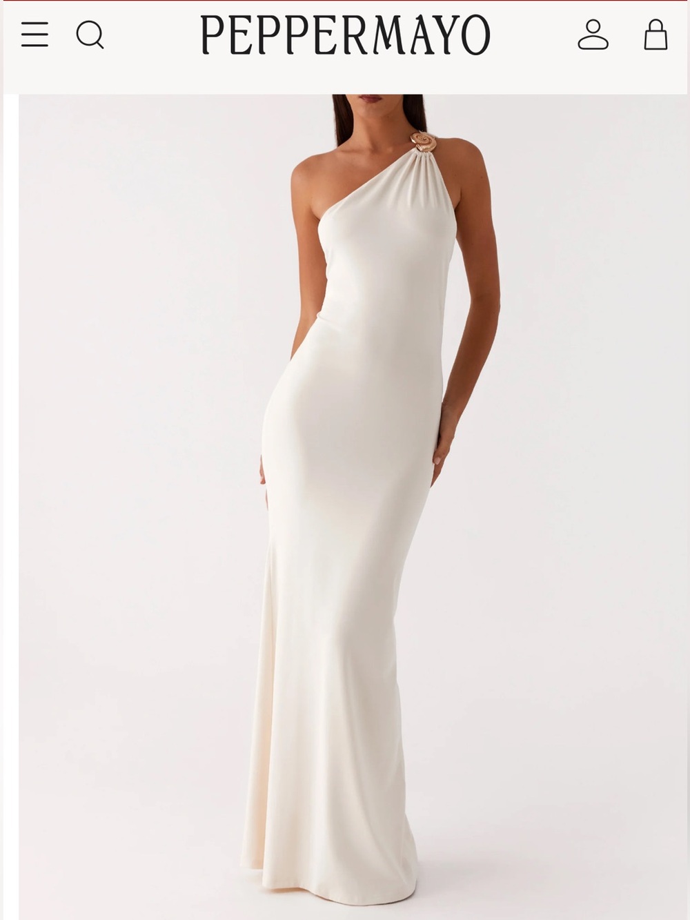 Peppermayo One-Shoulder Cream Evening Gown with Rosette Detail